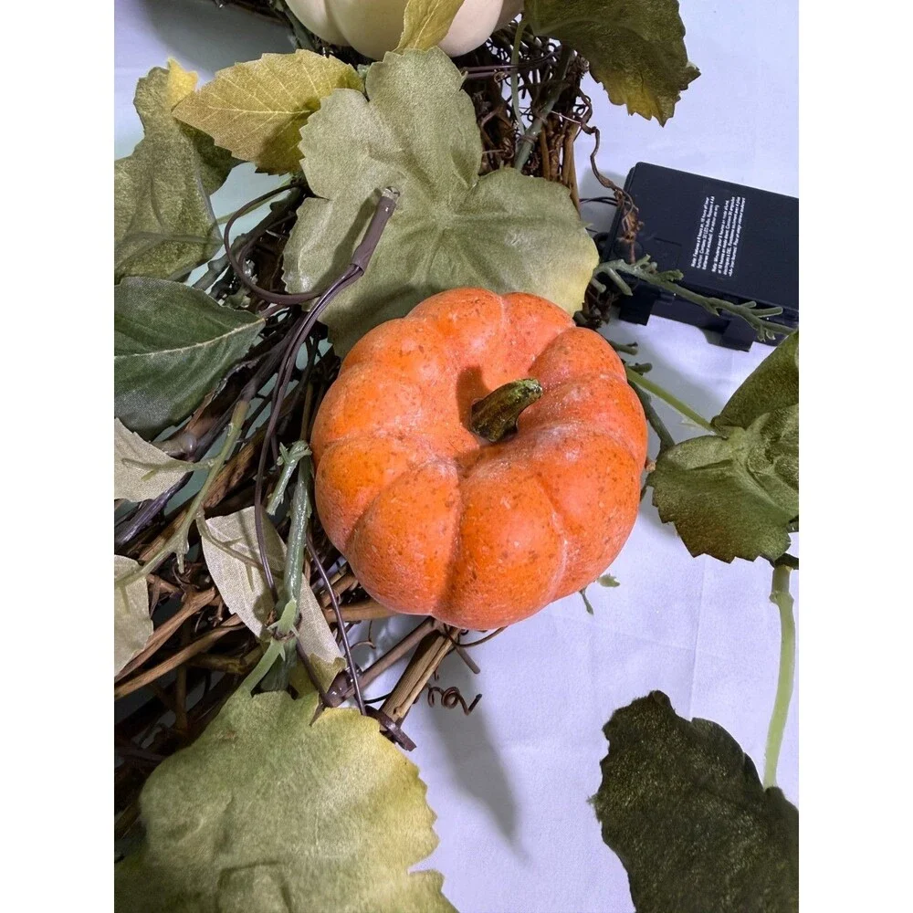 Pottery Barn Pre-Lit Faux Natural Pumpkin Wreath 23 inch